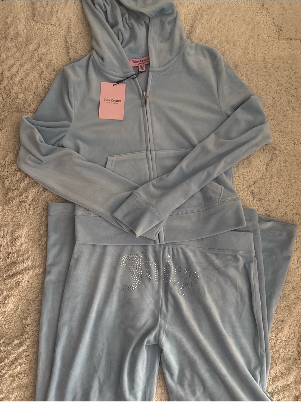 Juicy Couture Baby Blue Velour Hoodie & Rhinestone Logo Pants